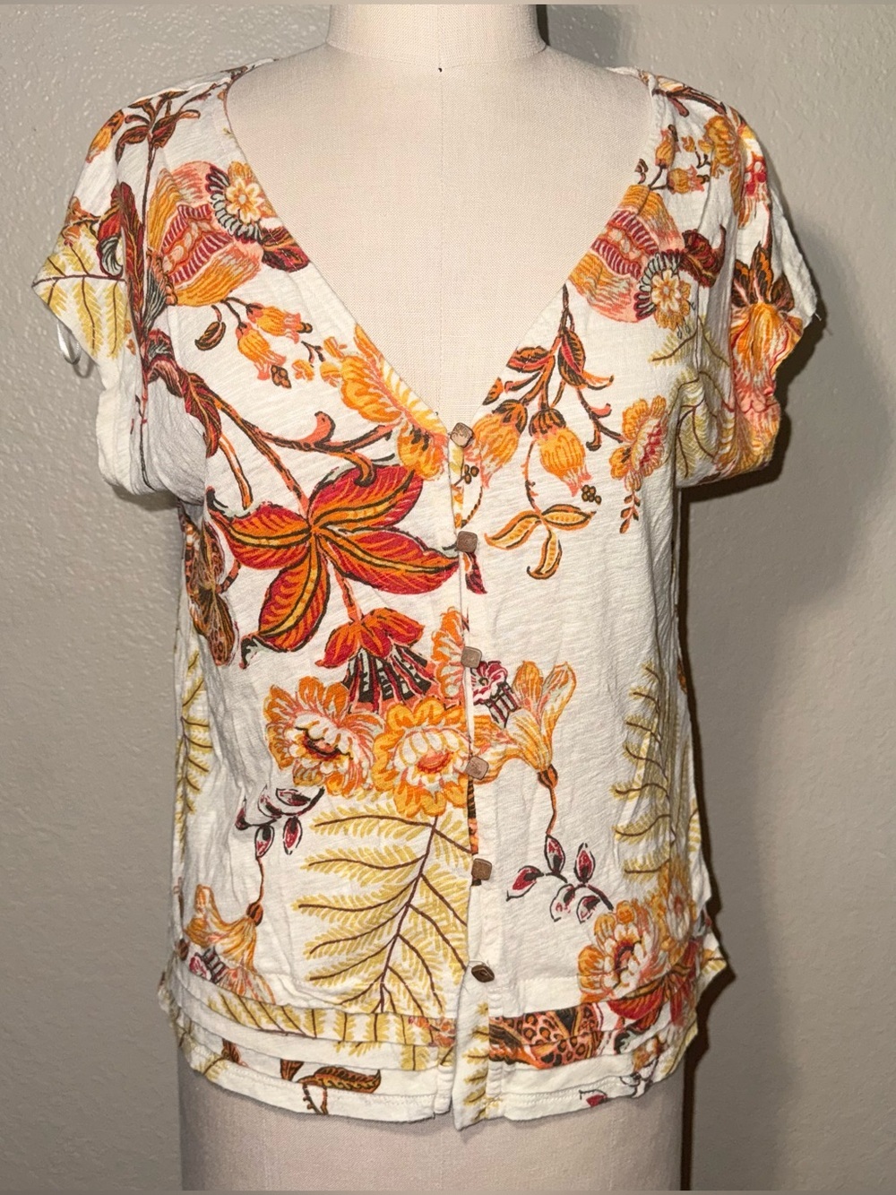 Rachel Zoe Linen Blend Floral Blouse Large Boho Button Front Top